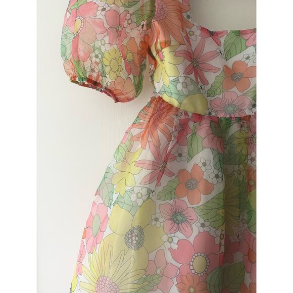 NISSA NEW YORK Sheer Floral Puff Sleeve Babydoll Dress US SMALL - Picture 11 of 14
